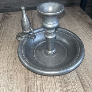 Vintage Pewter Chamberstick Candle Holder w/ Snuffer – Made in Spain – 6”